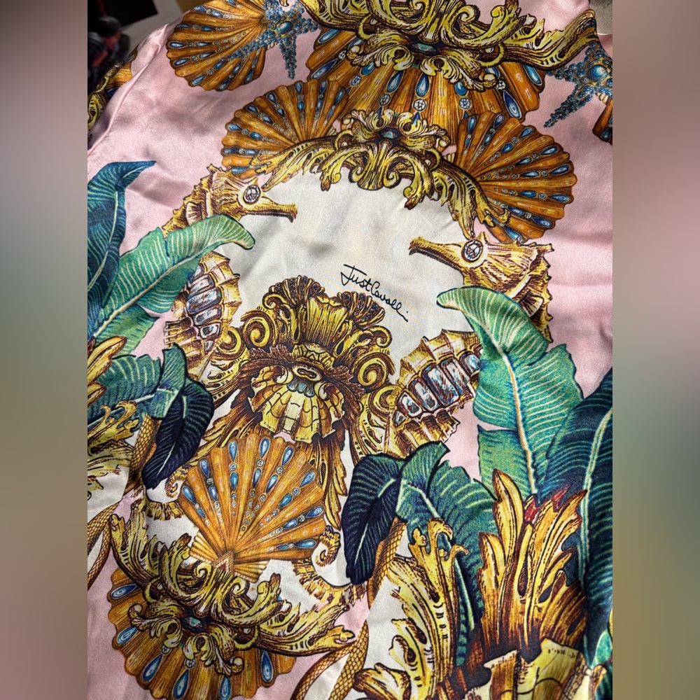 Just Cavalli Pink Baroque Print Silk-Feel Top with Green and Gold Accents